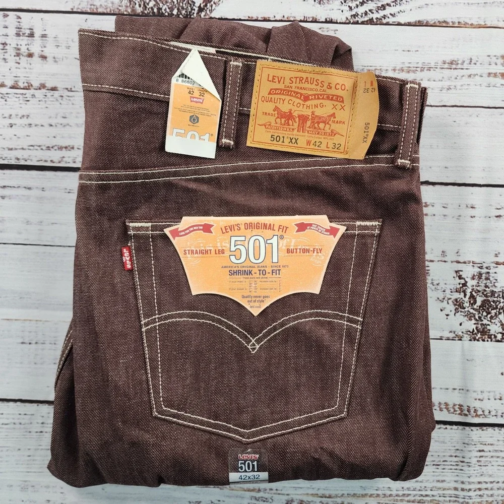 Levis 501 XX Shrink To Fit Jeans Mens 42x32 Burgundy Denim Button Fly NWT
